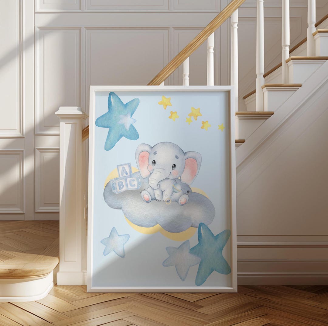 Blue Elephant Nursery Wall Art Printable – Baby Boy Room Decor, ABC ...