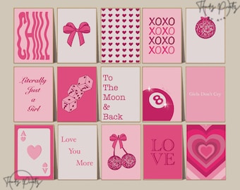 Trendy Pink Wall Art Set of 15, Preppy Posters, College Apartment Decor, Coquette Prints, Girly Wall Art, 8Ball, Lucky, Hot Pink Prints