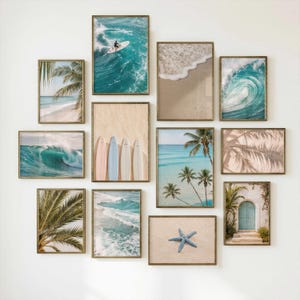 Conjunto de 80 impressões costeiras, galeria de parede em tons pastel com tema praiano, fotografia boho costeira, pôsteres digitais de verão com tema oceano, arte de parede para imprimir, pacote praia