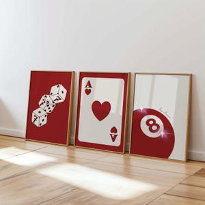 Juego de arte mural de casino: decoración de sala de juegos roja, imprimible de bola 8 con as de dados, descarga digital de juegos de azar en Las Vegas, imprimible de pared de noche de póker