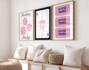Pink & Navy blue Wall Art trendy set of 3 cute girly preppy room decor college dorm apartment coquette cowgirl pink decor lucky you, 8Ball