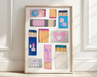 Vintage matchbox Print trendy lucky you retro pink girly matchbook aesthetic wall art digital poster dorm apartment college coquette art