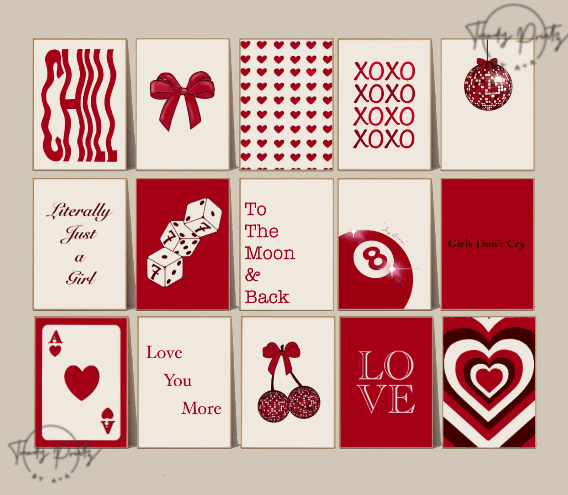 Trendy Retro Red Wall Art Set of 15, Preppy College Dorm Apartment Room ...