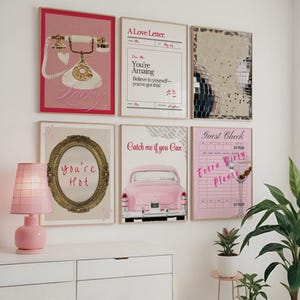 Pink Leopard Retro Wall Art set of 6 Trendy y2k fashion stylish prints, Aesthetic dorm & apartment girly coquette chic vintage Magazine