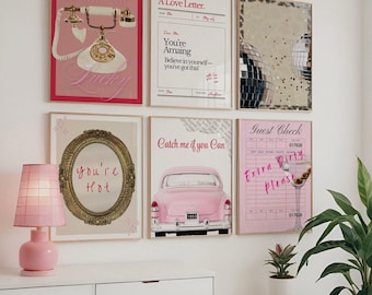 Pink Leopard Retro Wall Art set of 6 Trendy y2k fashion stylish prints, Aesthetic dorm & apartment girly coquette chic vintage Magazine