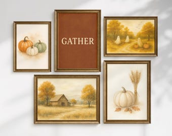 Fall Gallery Wall Printable Art Set Autumn Pumpkin Landscape Cozy decor Neutral Vintage Rustic Farmhouse Halloween Wall Art Digital Download