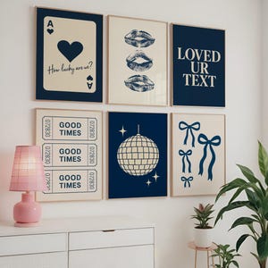 Navy Blue Trendy Dorm Prints Set Of 6, Retro Preppy Girly Dorm Decor, College Apartment Aesthetic, Coquette Print, Kiss Lips Poster, Digital