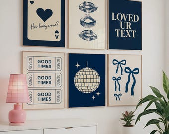Navy Blue Trendy Dorm Prints Set Of 6, Retro Preppy Girly Dorm Decor, College Apartment Aesthetic, Coquette Print, Kiss Lips Poster, Digital