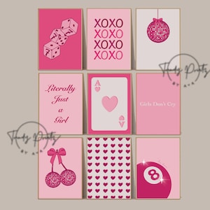 trendy pink wall art set of 9 bundle prints preppy room decor, preppy aesthetic pink wall art dorm decor, apartment decor coquette wall art