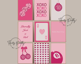 trendy pink wall art set of 9 bundle prints preppy room decor, preppy aesthetic pink wall art dorm decor, apartment decor coquette wall art