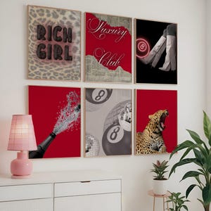 Trendy Red and Black Gallery Wall Set of 6 Fashion Stylist Prints Vintage glam Decor edgy aesthetic girly Dorm wall art fashion magazine art