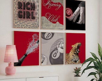 May include: A collection of six framed art prints. The prints feature various designs, including text, a leopard print, a champagne bottle with a splash, and a roaring leopard. The color palette includes red, black, and neutral tones.