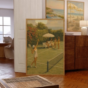 Vintage Tennis Court College Apartment Print – Preppy Girls Playing Tennis, Trendy Dorm Wall Art, Country Club Aesthetic, ralph lauren print