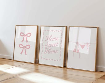 Pink trendy Wall Art Set of 3, Girly Preppy Coastal Wall Art, Beach College Dorm Room Decor, Summer Cowgirl Cute Coquette Bow Digital Print