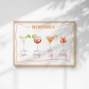 Custom roommates drink print personalized name cocktail poster trendy kitchen bar cart decor college apartment roomie gift ideas girly dorm