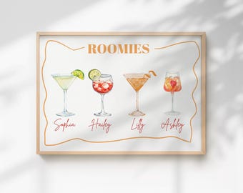 Custom roommates drink print personalized name cocktail poster trendy kitchen bar cart decor college apartment roomie gift ideas girly dorm