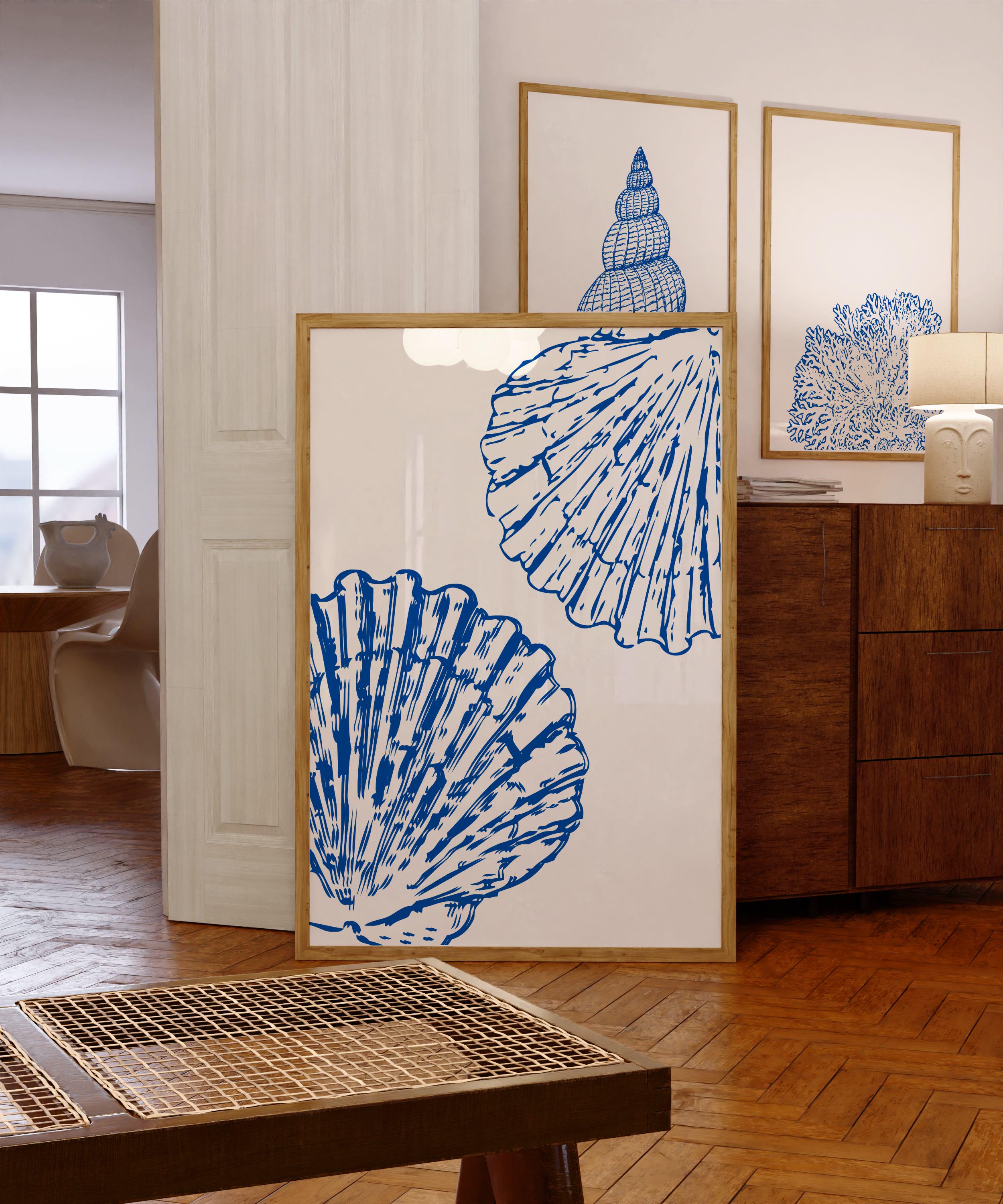 Coastal Wall Art Set – Blue Seashell Printable Decor, Beach House ...