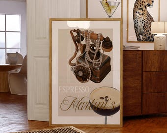 Retro Girly Wall Art Martini Trendy Bar Cart Poster, y2k fashion decor, trendy print, aesthetic dorm apartment decor, Vintage wall art