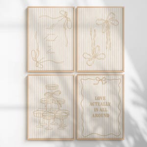 beige trendy coquette set of 4 stripe wall art - college dorm decor, preppy aesthetic, girly retro neutral apartment prints, chic minimalist