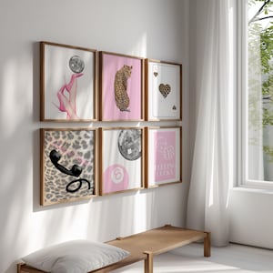 Pink Leopard Wall Art Set Black and White Gallery Trendy Fashion Stylish Prints Dorm College Decor Aesthetic Girly Wall Art Fashion Magazine