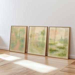 Trendy Pink Watercolor Print Set of 3 College dorm Decor, Apartment art, preppy coquette Pastel Coastal Wall Art, Rainbow Row, Garden Path