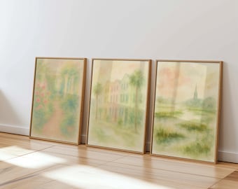 Juego de 3 impresiones de acuarela rosa de moda, decoración para dormitorios universitarios, arte para apartamentos, arte de pared costero pastel de estilo preppy y coqueto, fila de arcoíris, camino de jardín
