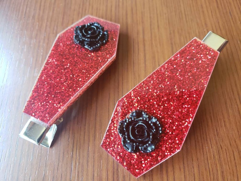 More Colors Rose Coffin Hair Clips Graveyard Vamp Funeral casket Gothic Goth Horror Spooky Night