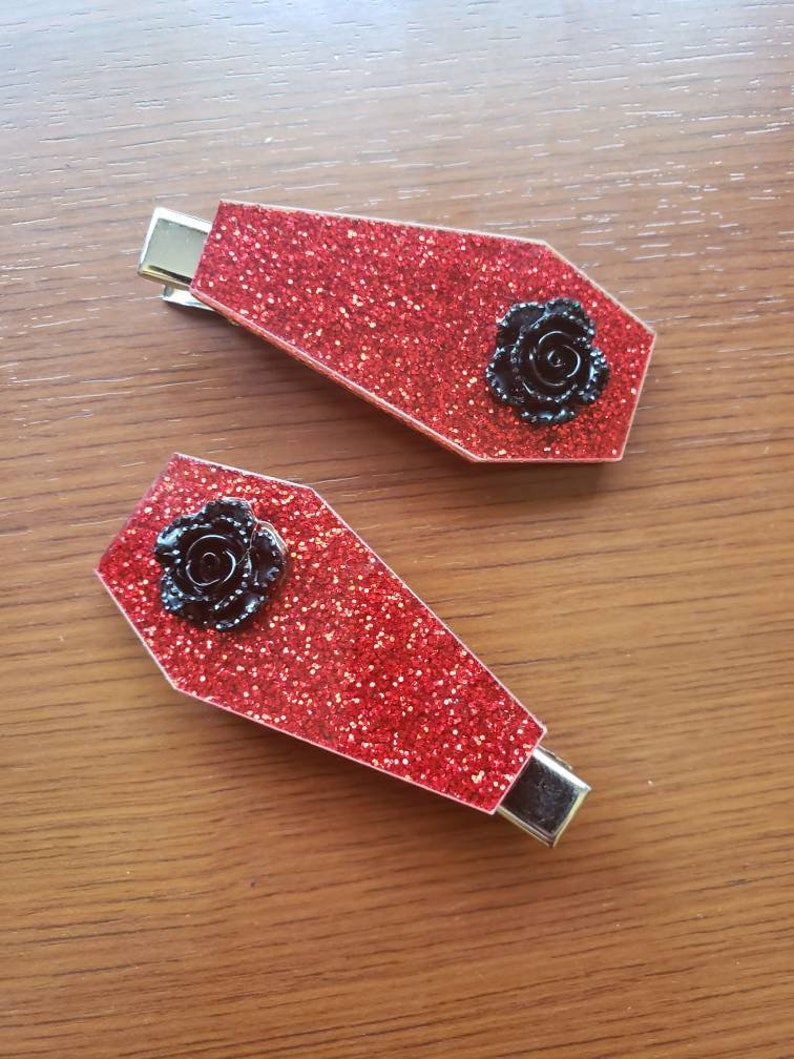 More Colors Rose Coffin Hair Clips Graveyard Vamp Funeral casket Gothic Goth Horror Spooky Night
