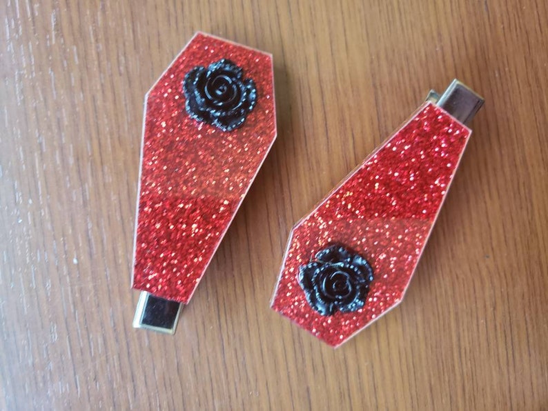 More Colors Rose Coffin Hair Clips Graveyard Vamp Funeral casket Gothic Goth Horror Spooky Night