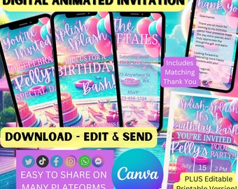 Animierte bearbeitbare digitale Video Pool Bday Party Einladungsvorlage, Sofort Download, druckbare Einladung, Canva Einladungsvorlage