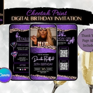 May include: Digital birthday invitation with a cheetah print design. The invitation features a photo of a woman blowing out candles, with details including date, time, location, and attire. The invitation is customizable with Canva.