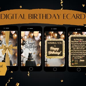 de carte d'anniversaire en toile dorée et noire | numérique d'anniversaire | Joyeux anniversaire | Animé | Carte en ligne | Carte virtuelle mobile | Son anniversaire