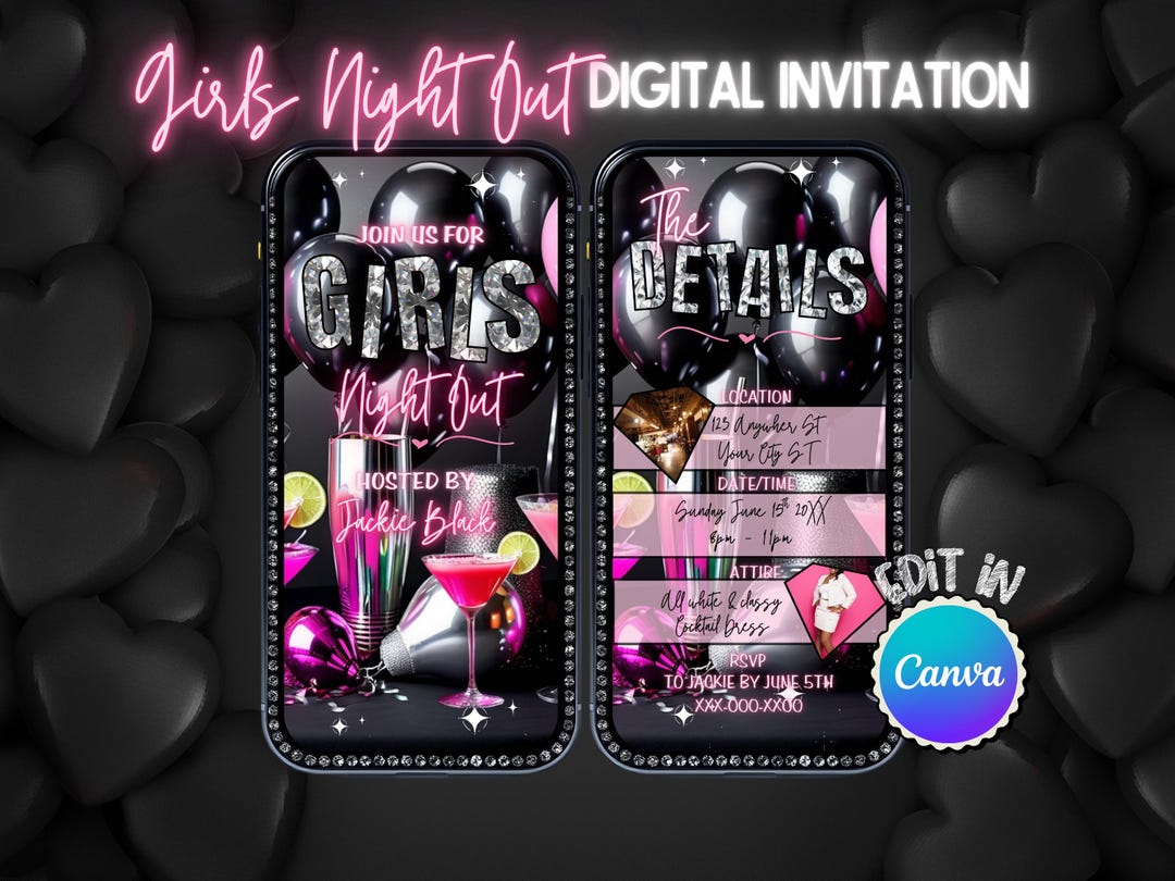 Girls Night Out Animated Invitation: Black & Pink Evite (canva Template ...