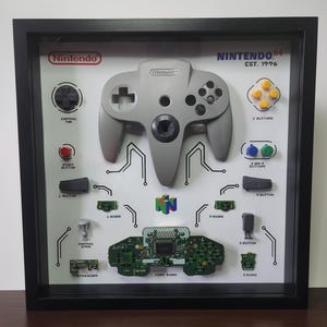 May include: Framed Nintendo 64 controller and components display. The gray controller is centered, with labeled parts like buttons and circuit boards arranged around it. The Nintendo 64 logo and "EST. 1996" are visible.