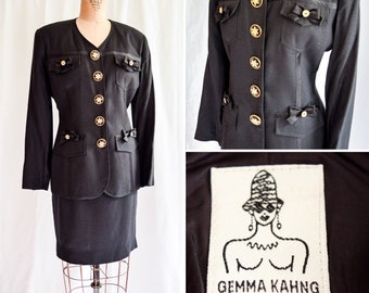 1990s Suit | Gemma Kahng | Vintage 90's Designer Black Viscose Linen Skirt Suit Gold Buttons Satin Bows Avant Guard The Nanny Style