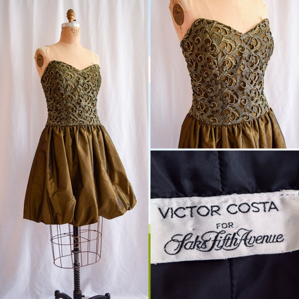 1980s Dress | Victor Costa | Vintage 80s Bubble Dress Strapless Guipure Lace Iridescent Taffeta Pouf Skirt Bronze Green Party Mini Dress