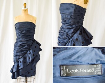 1980s Dress | Louis Feraud | Vintage 80s Midnight Blue Polka Dot Silk Taffeta Strapless Ruched Party Mini Dress Eighties Designer