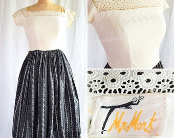 1950s Dress | Mr Mort | Vintage 50s Cotton Lace Eyelet Bodice Striped Floral Print Dirndl Skirt Fit and Flare Sundress 1950s Fashion