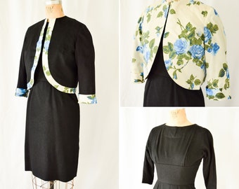 1950s Dress and Jacket | Blue Floral Bombshell | Vintage 50's Black Wool Wiggle Dress Reversible Floral Bolero Jacket Shelf Two Piece Set