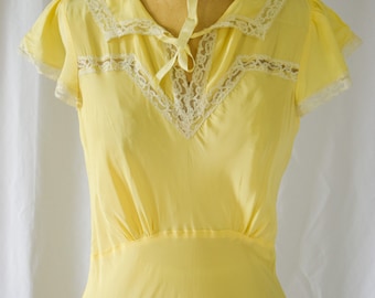1930s Vintage Rayon Nightgown: Yellow Bias Cut with Lace Trim