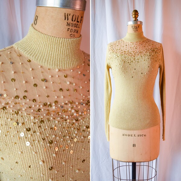 1970s Sweater | Glitterati | Vintage 70s Metallic Gold Lurex Beaded Ribbed Turtleneck Sweater with Sheer Illusion Panel