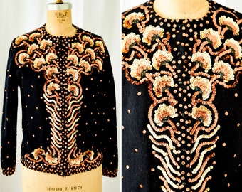 1950s Beaded Cardigan | Copper Sequins  | Vintage 50s Black Button Front Sweater Metallic Copper Gold Sequins