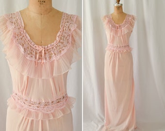 1940s Nightgown | Penney's Adonna  | Vintage Late 40s Pink Rayon and Lace Bias Nightgown with Pleated Chiffon Bust 36"
