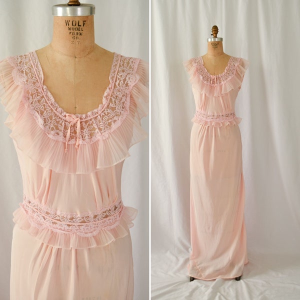 1940s Nightgown | Penney's Adonna  | Vintage Late 40s Pink Rayon and Lace Bias Nightgown with Pleated Chiffon Bust 36"