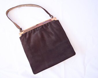 Rosenfeld | Vintage 1950s Pouch Dark Espresso Brown Velvety Suede Hinge Frame Purse Top Handle Satin Lining 50s Handbag