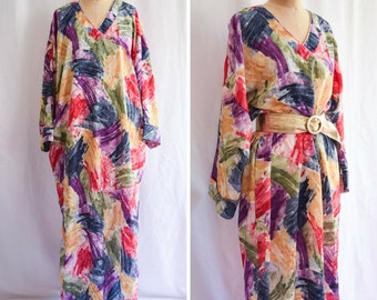 1980s Caftan | Mary McFadden | Vintage 80s Brush Strokes Printed Damask Kaftan MuuMuu Pool Side Cover Up with Pockets Made in USA One Size