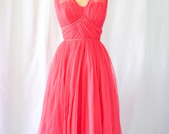 Vintage 1950s Hot Pink Chiffon Party Dress: Fit and Flare Cocktail Dress