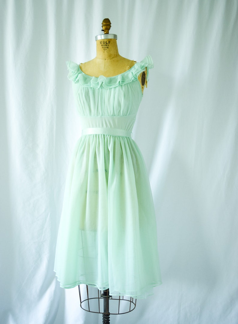 1950s Nightgown Shadowline Vintage 50s Triple Layer Mint Nylon Chiffon Nightgown Ruffled Ballerina image 2