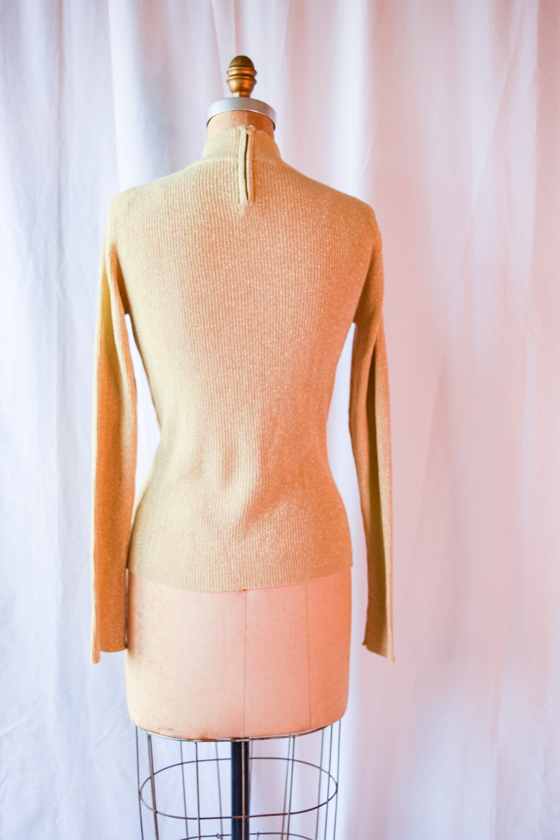1970s Sweater Glitterati Vintage 70s Metallic Gold Lurex Beaded Ribbed Turtleneck Sweater With