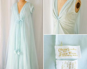 1960s Peignoir Set | Claire Sandra by Lucie Ann Beverly Hills | Vintage 60s Pale Blue Nylon Nightgown Robe Pom Pom Hollywood Goddess